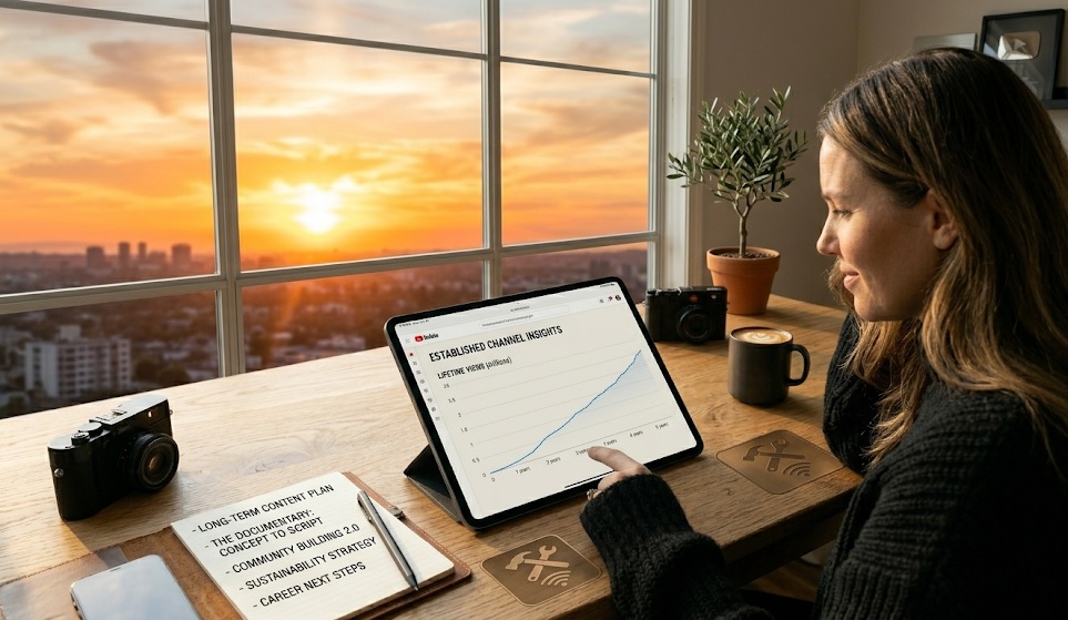 A calm, focused creator working in a beautiful studio with a sunset through the window, symbolizing long-term career sustainability.